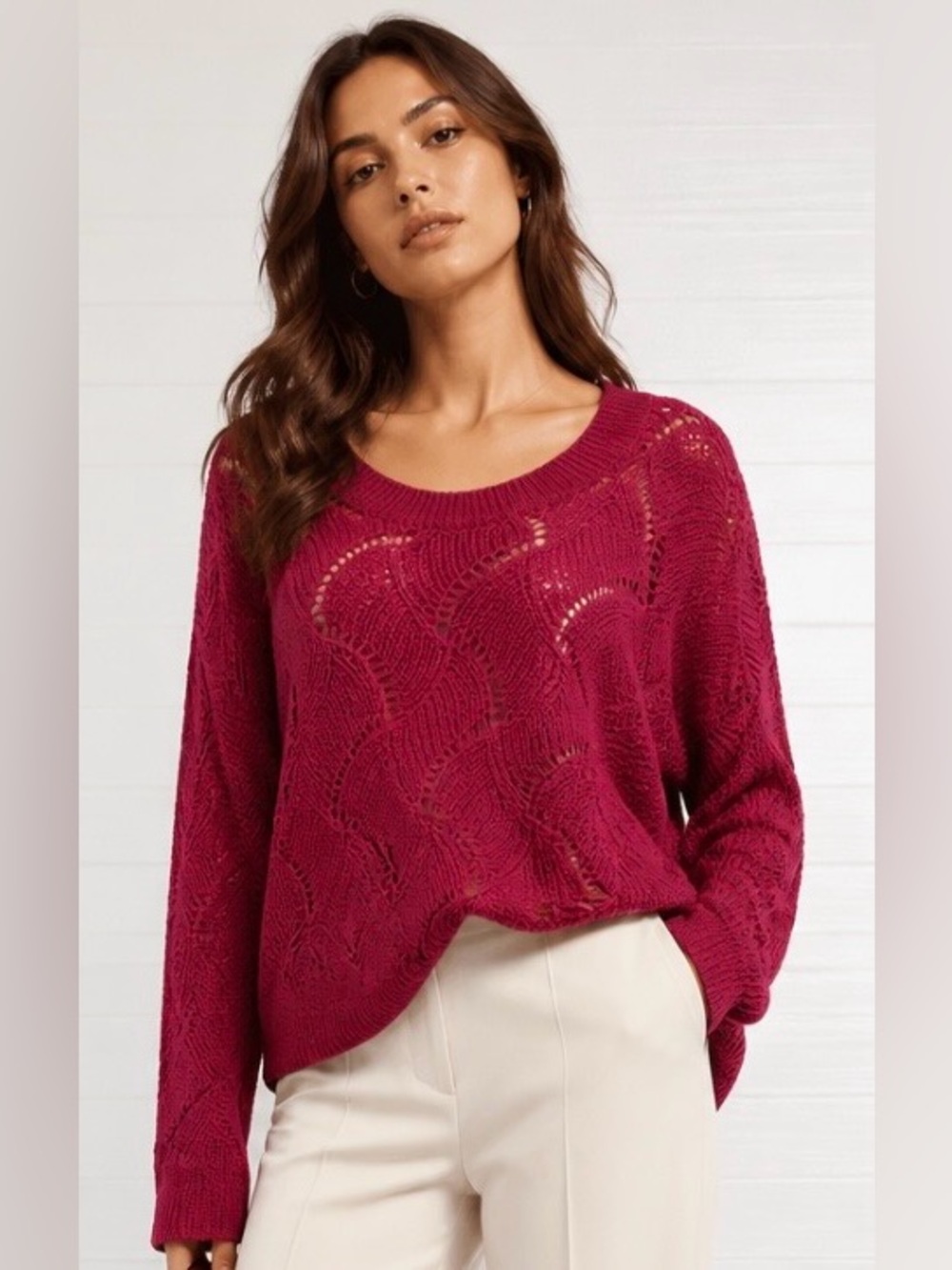 STARING AT STARS Anthropologie Sweater Crocheted Weave Pullover Boho Pink Red